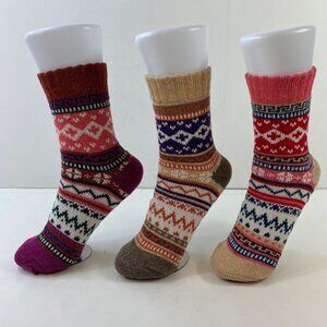 Womens Crew Socks Set 3 Fair Isle Nordic Pattern Brown Yellow Pink White Green